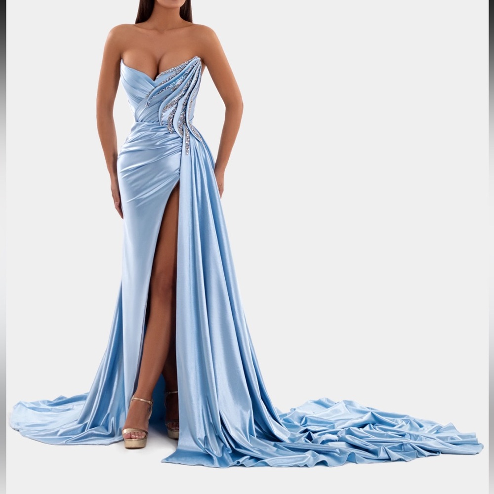 Albina Dyla designer corset baby blue evening gown. Sz 4. Long train, side slit